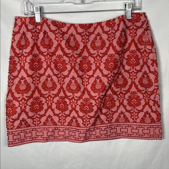 SilkLand Pink and Red Patterned Beaded Mini Skirt Silk and Linen size 10 - Picture 6 of 6